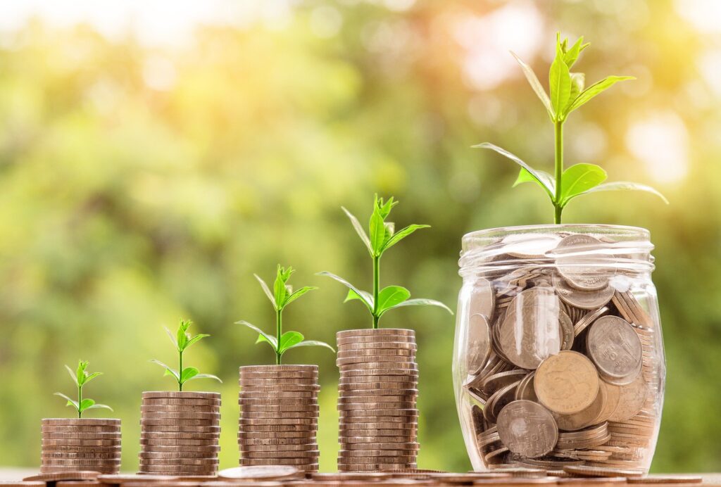 Coins stacked in increasing height with growing plants, symbolizing business growth
